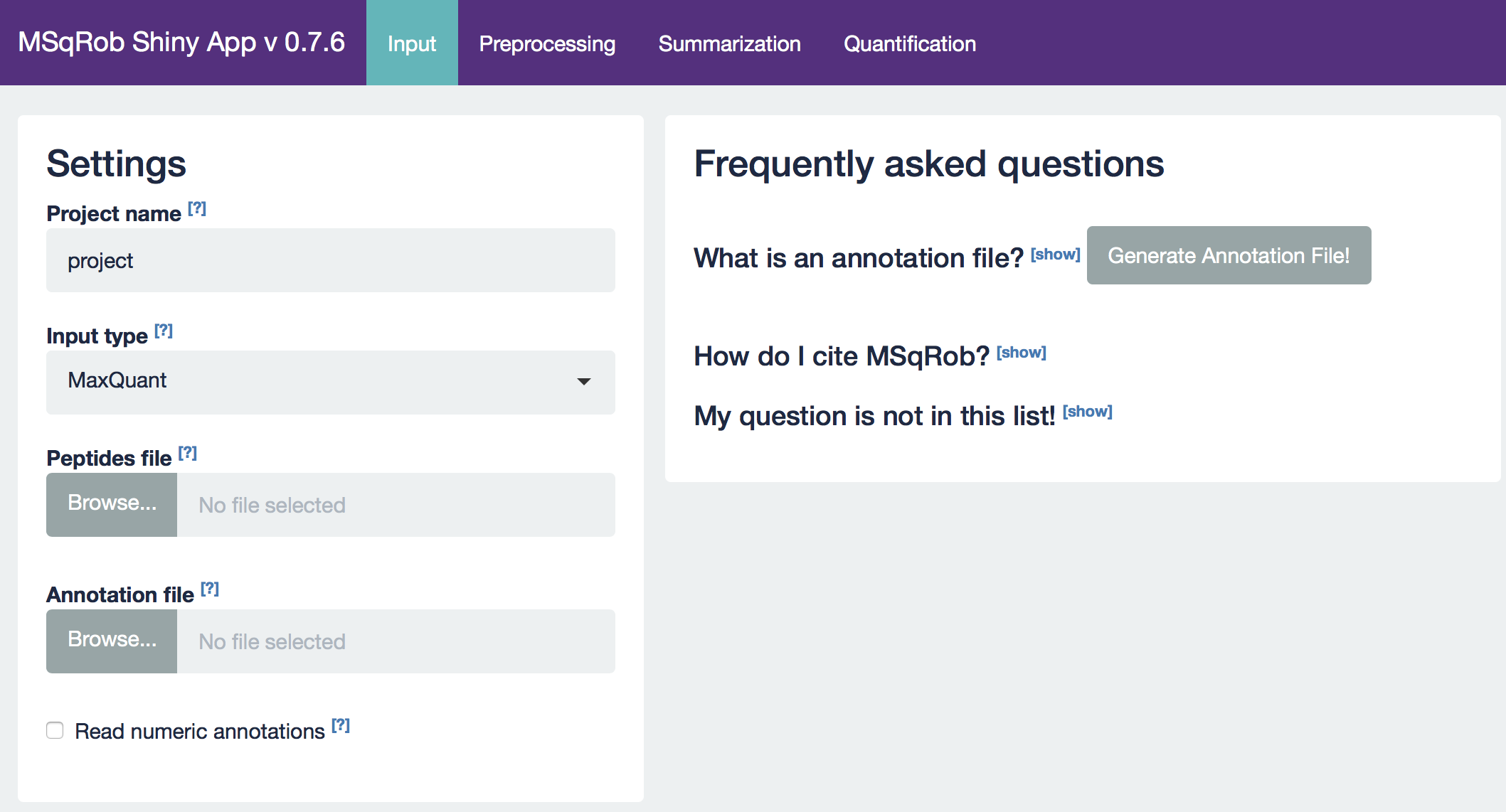 Figure 4. MSqRob Input tab